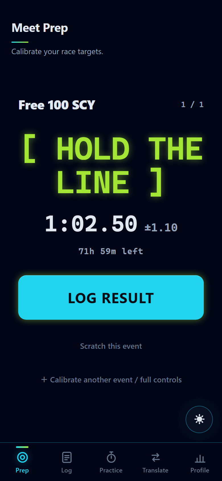 Vecqua Deck Mode — one large cue and Log Result button.