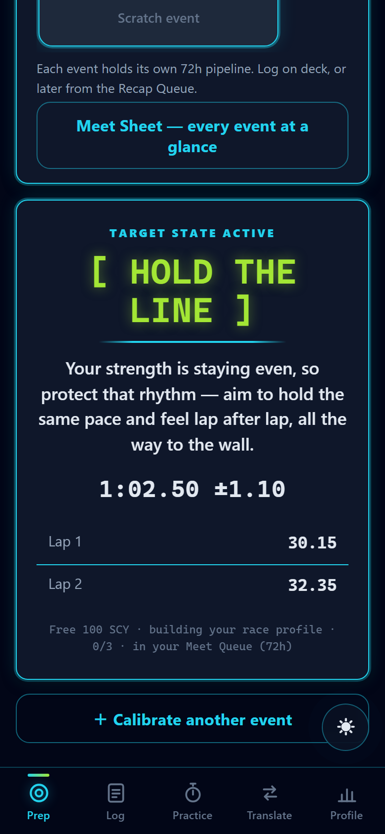 Vecqua Meet Prep — a cue token with projection and per-50 split targets.